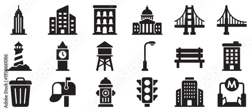 City elements and urban icons collection showcasing diverse buildings, transportation, and public utility symbols.