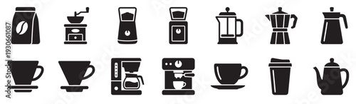Coffee making equipment icons representing various tools and methods for brewing and enjoying delicious hot beverages.