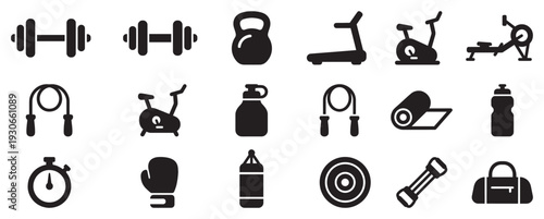 Gym fitness equipment icons collection vector illustration set showcasing various tools for exercise, workout, and healthy lifestyle activities.