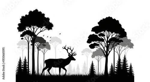 Deer in Forest Landscape Silhouette.