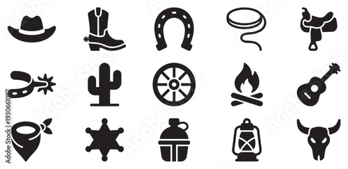 Wild West cowboy desert adventure themed icons set featuring various traditional elements in a black silhouette style.