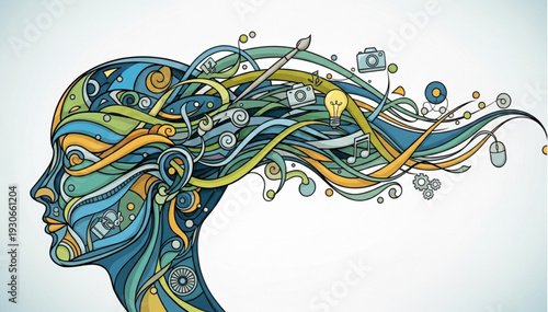Abstract Human Head Profile With Swirling Colorful Designs.