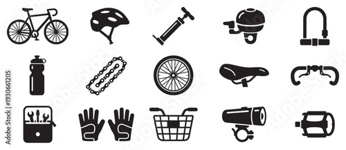 Bicycle parts and accessories vector icon collection illustrating essential gear for cycling enthusiasts and riders.