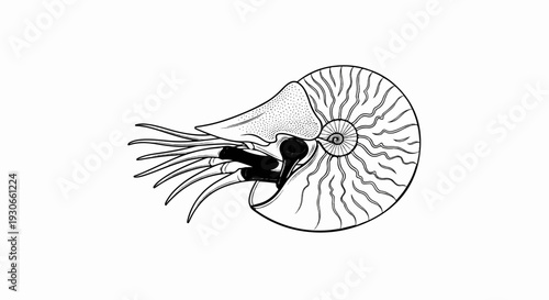 Detailed ink drawing of a nautilus shell with tentacles and a central body