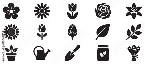 Flowers, plants, and gardening tools are depicted as a comprehensive collection of minimalist black glyph icons for horticulture and nature themes.