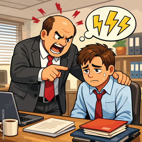 A cartoon image of a furious boss scolding a nervous young employee in an office setting, conveying stress and anxiety.