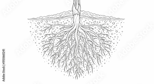 Detailed illustration of tree roots system spreading through soil layers