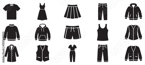 Clothing items collection of various apparel silhouettes representing different types of garments for fashion and wardrobe concepts.