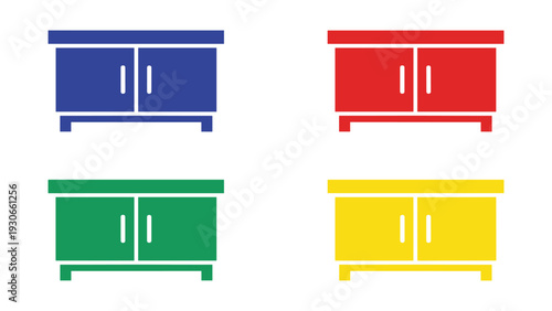 Four colorful double-door cabinets displayed in a grid layout
