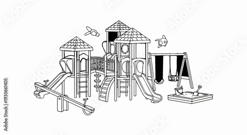Detailed line drawing of a large, complex outdoor playground set with swings, slides, and sandbox