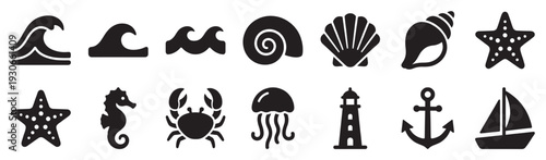 Various marine and nautical icons representing ocean elements and beach life in a simple black silhouette style.