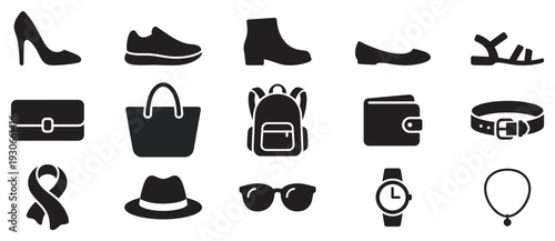 Various fashion accessories and clothing items are displayed as a comprehensive collection of stylish personal adornments and practical essentials.