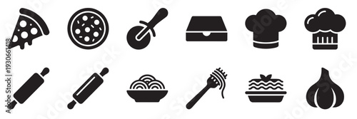 Italian food and cooking related icons illustrating various culinary elements and dishes in a simple graphic style.