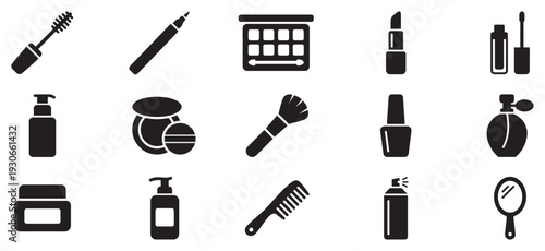 Beauty products and cosmetic items collection of black silhouette icons for personal care and fashion industry.