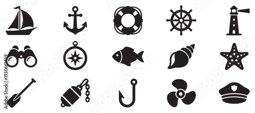 Various nautical marine sea ocean sailing themed icons representing exploration, adventure, and maritime activities are presented in a clean silhouette style.