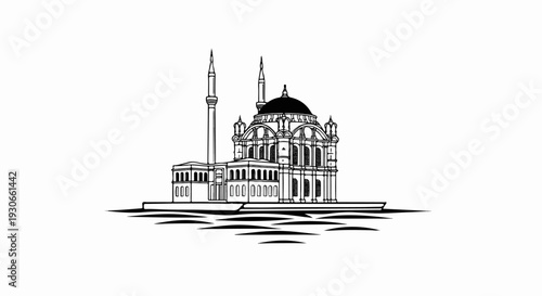 Detailed line drawing of an ornate mosque with minarets and a domed central structure