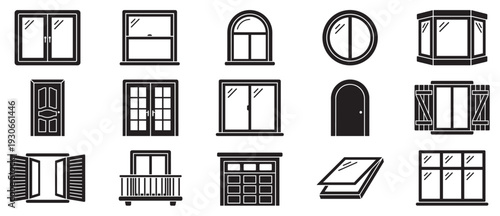 Collection of diverse windows and doors vector icons illustrating different architectural styles and building openings.