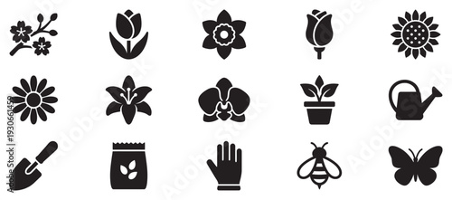 Gardening and flower icons collection featuring various plants, tools, and insects for spring and nature themes.