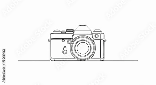 Detailed outline illustration of a vintage film camera on a white background