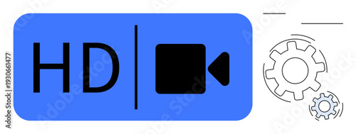 Video production, settings adjustment, technical design, streaming, multimedia, enhancement features. Blue HD video icon with a black camera symbol and gear graphics. Video production and settings