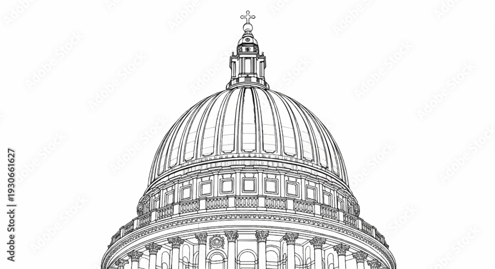 Fototapeta premium Detailed sketch of a grand dome with columns and a cross pinnacle