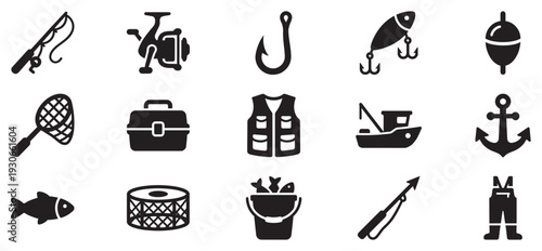 Fishing equipment and accessories vector icons set representing various tools and gear used for angling and marine activities.
