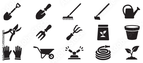 Gardening tools and equipment icons collection illustrating essential items for horticulture and agriculture tasks.
