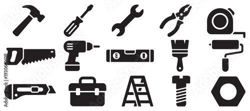 Various construction and repair tools are neatly arranged in a collection of black silhouette icons for building projects.