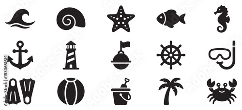 Ocean beach marine summer icons collection featuring various nautical and seaside elements in a simple black silhouette style.