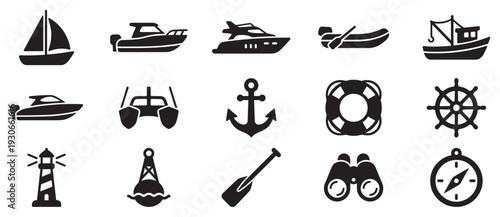Various boats and nautical elements are depicted as simple black silhouette icons representing maritime transportation and exploration.