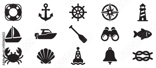 Nautical marine sea ocean travel adventure symbols collection set for maritime exploration and coastal journey designs.