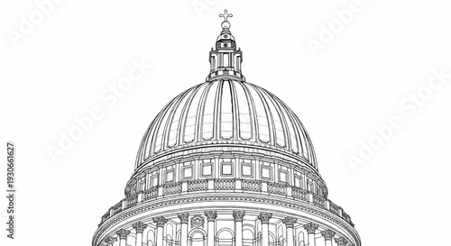 Detailed sketch of a grand dome with columns and a cross pinnacle