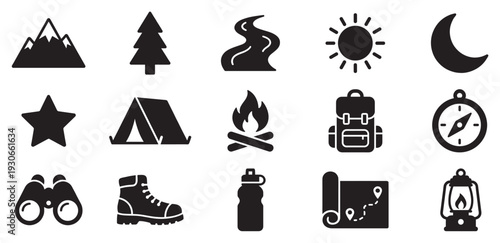Outdoor camping adventure icons set for nature exploration, wilderness travel, and recreational activities in the wild.