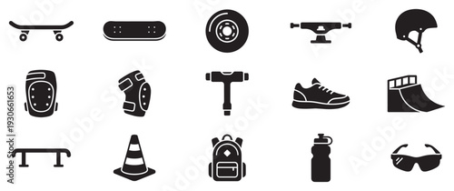 Skateboarding equipment and accessories collection of icons representing various items used for urban sports and recreation.