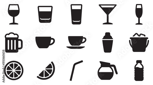 Beverage icons and drinkware symbols collection representing various types of drinks and serving items for menus.