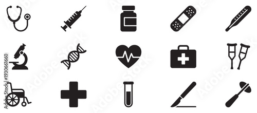 Medical healthcare professional equipment and tools icon set representing various aspects of health, science, and emergency care.