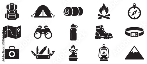 Camping and hiking equipment icons represent essential gear for outdoor adventures and wilderness exploration.