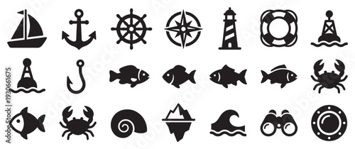 Nautical marine sea ocean navigation travel icons collection representing various elements of maritime adventure and exploration.