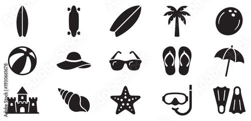 Summer vacation beach holiday icons collection featuring various leisure and travel related symbols for tropical destinations and outdoor activities.