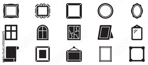 Decorative frames windows and mirrors vector icons set illustrating various shapes and styles for graphic design projects.