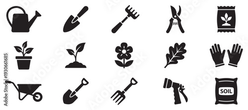 Gardening tools, plants, and equipment icons represent various horticultural activities and supplies for outdoor work.