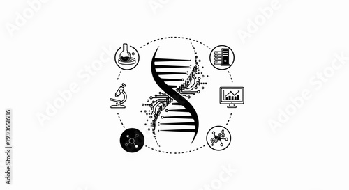 Digital DNA strand with interconnected scientific and data icons