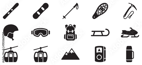 Winter sports equipment and activities icons collection representing various outdoor adventures and cold weather recreation.