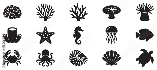 Fifteen black silhouette icons representing diverse marine life creatures and underwater plants are arranged in a clean grid pattern.