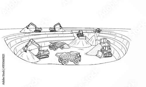 Diverse heavy machinery operates within a vast, tiered excavation pit, moving aggregate materials