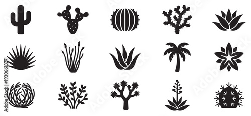Desert plants icons collection featuring various cacti, succulents, and other arid flora silhouettes for design projects.