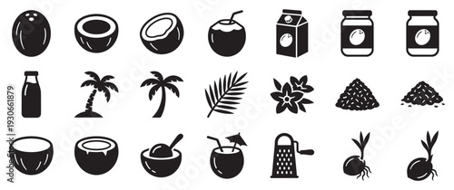 Coconut icons set featuring various tropical elements and products like milk, oil, and fresh fruit for food and drink concepts.