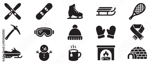 Winter sports and cold weather activity icons collection illustrating various equipment and cozy items for chilly seasons.