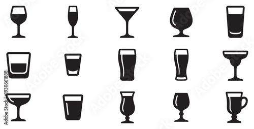 Drinking glasses icons set featuring various types of beverage containers for alcoholic and non-alcoholic drinks.