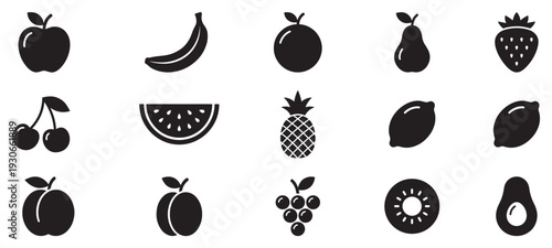 Various fruit icons collection featuring healthy food silhouettes arranged in a grid for nutrition and diet concepts.